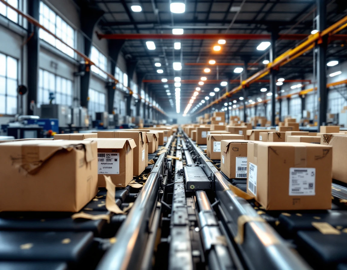 Damaged and mislabeled shipping packages on warehouse conveyor showing three common carrier error categories