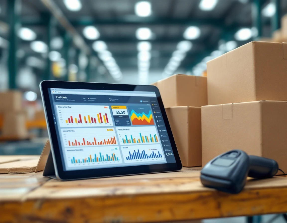 Tablet displaying invoice analytics on warehouse workstation with shipping boxes and barcode scanner