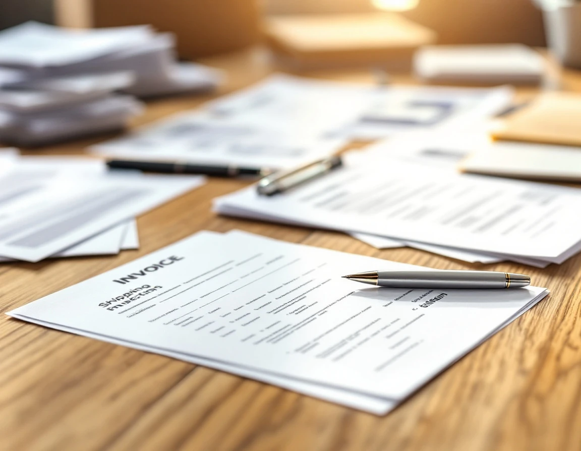 Shipping invoices and billing documents arranged on wooden desk with pen for audit review