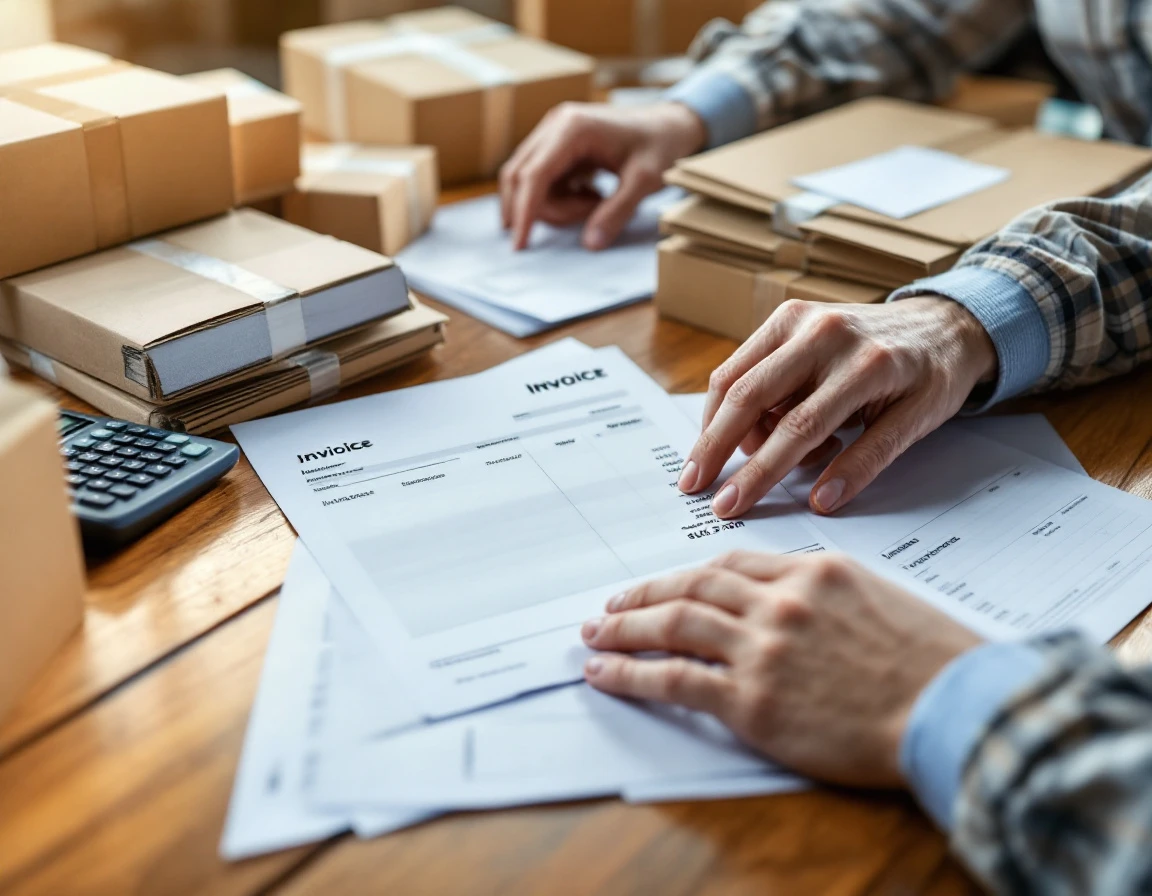 Hands sorting shipping invoices and cardboard boxes during carrier billing audit verification process