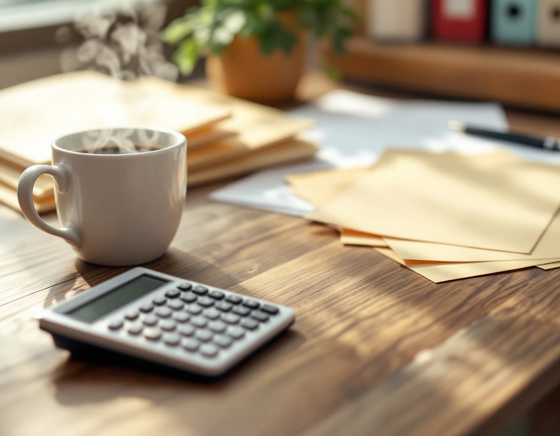 Calculator and pen on wooden desk with blurred financial documents representing mid-year cost recovery audit