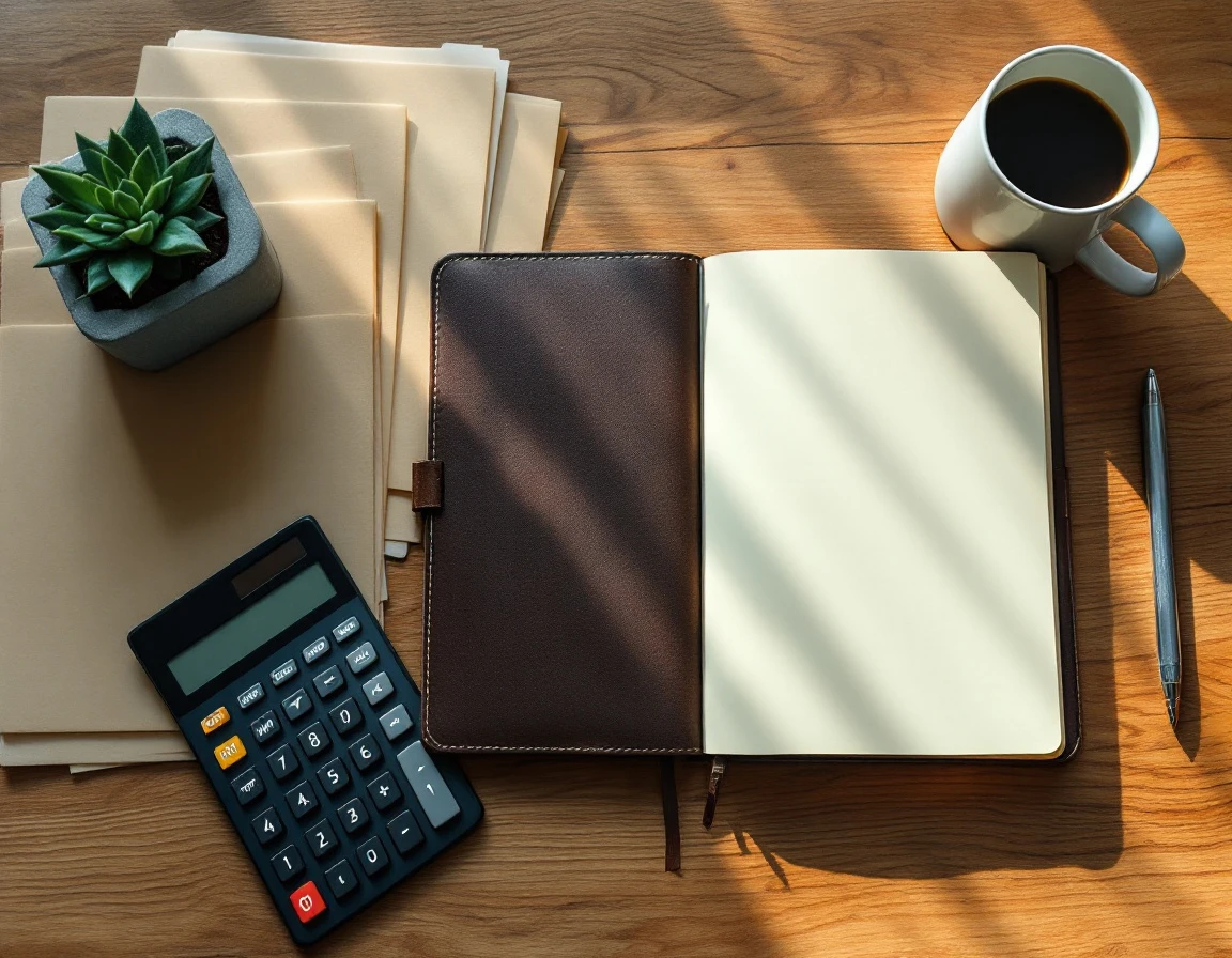 Organized desk workspace with calculator, notebooks, and business materials for mid-year financial review