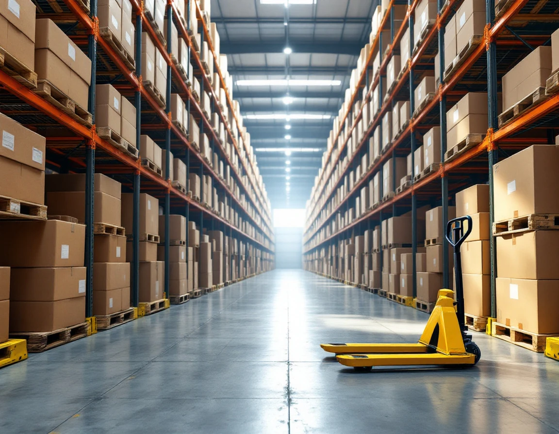 Commercial warehouse aisle with stacked shipping boxes on industrial pallet racks and pallet jack in foreground