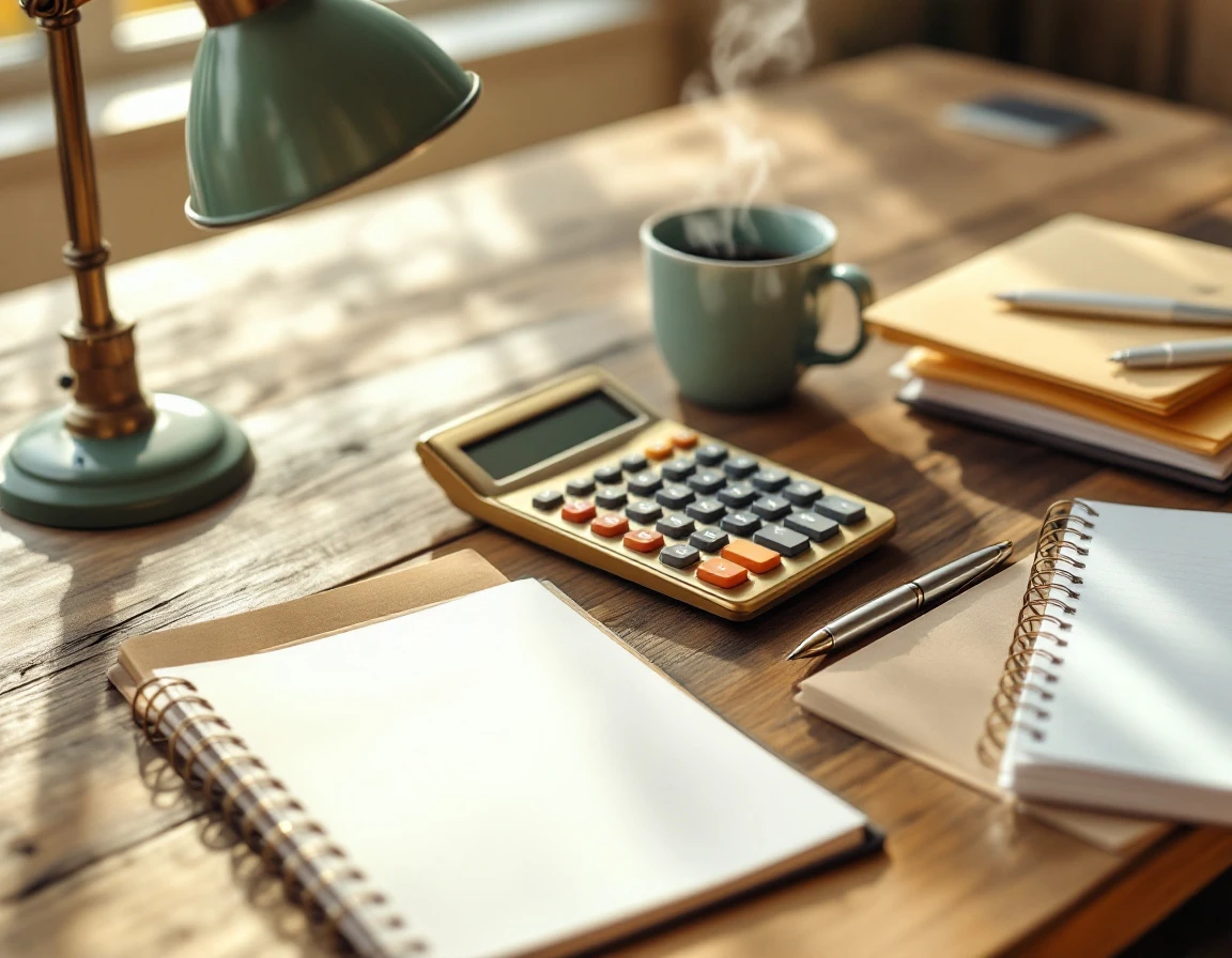 Brass calculator and pen on wooden desk with blurred papers and morning light
