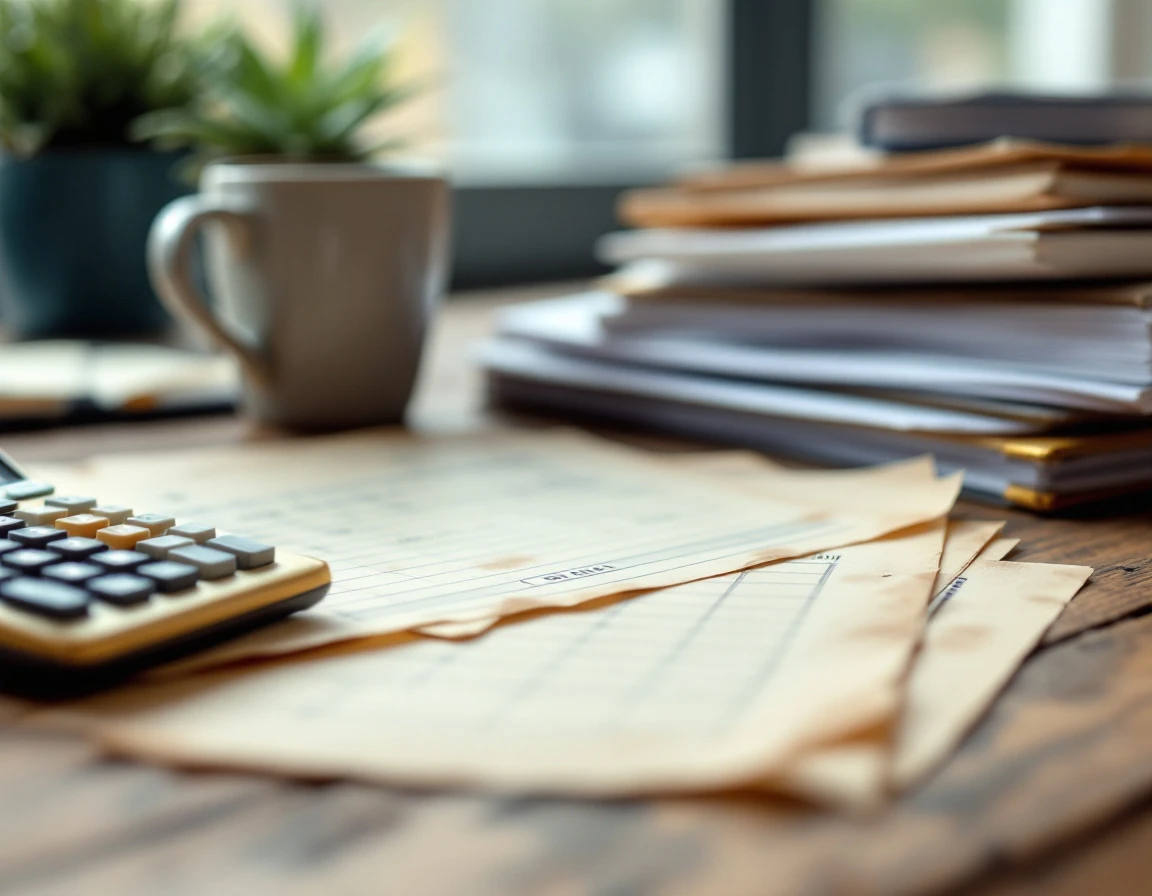 Weathered desk with financial planning materials, calculator, and coffee cup in natural window light