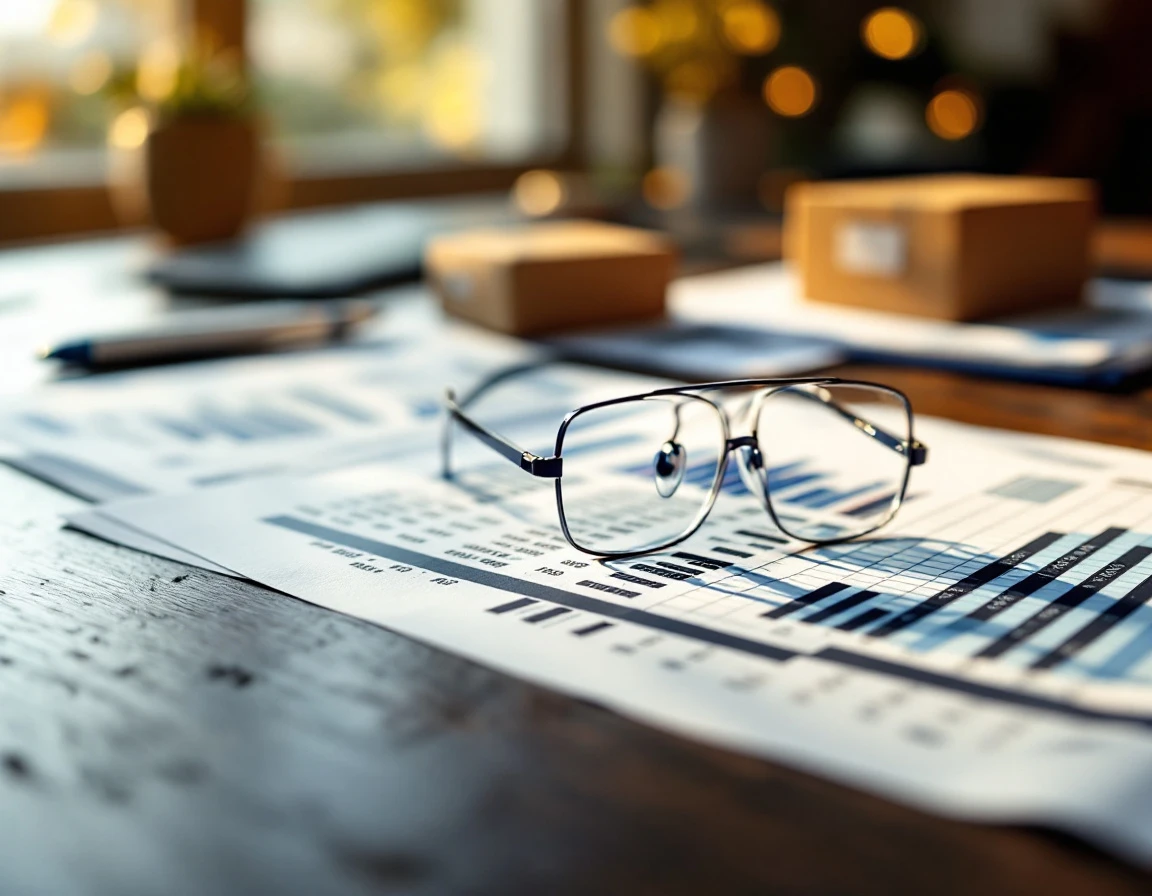 Close-up of financial planning workspace with blurred spreadsheets, shipping box, and eyeglasses in warm office lighting