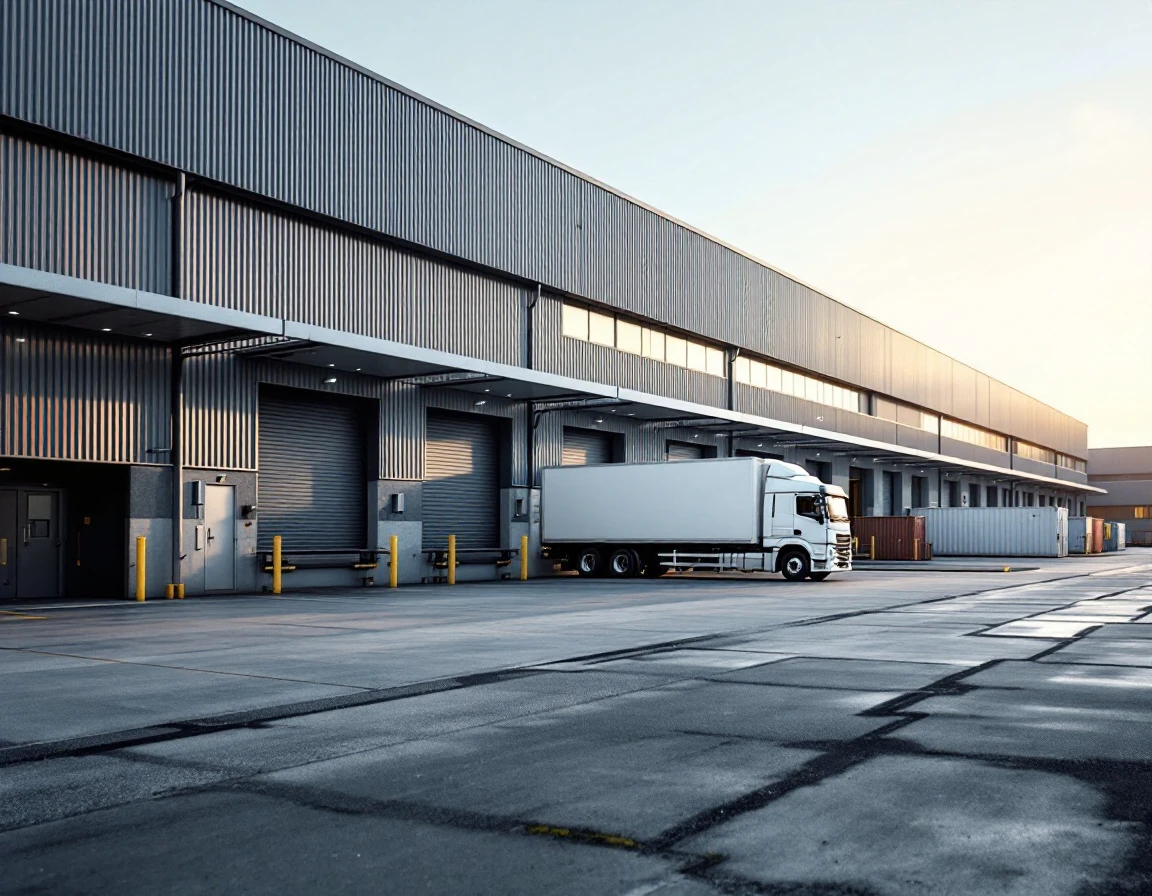 Delivery truck at warehouse loading dock during morning operations in modern logistics facility