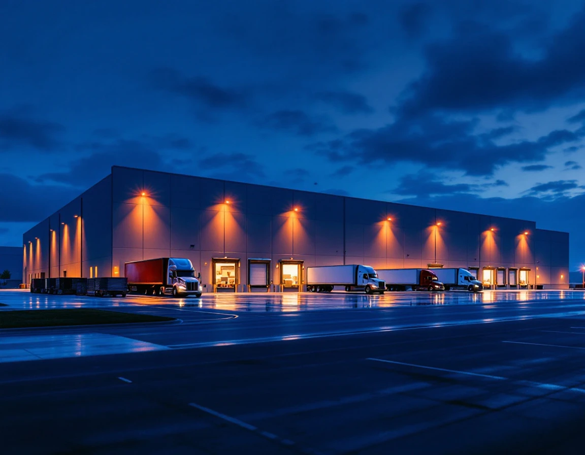 Distribution center loading docks at twilight during peak shipping season operations