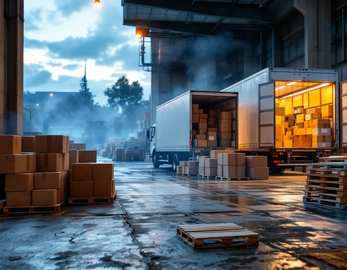 Loading dock with mixed parcel and freight shipments during early morning logistics operations