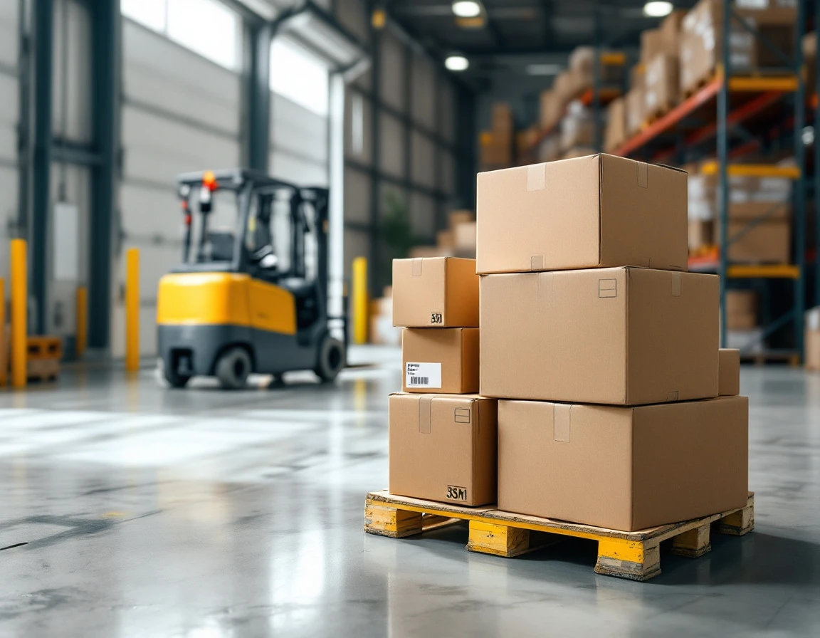 Cardboard boxes transitioning from individual parcels to consolidated pallet loads in warehouse setting