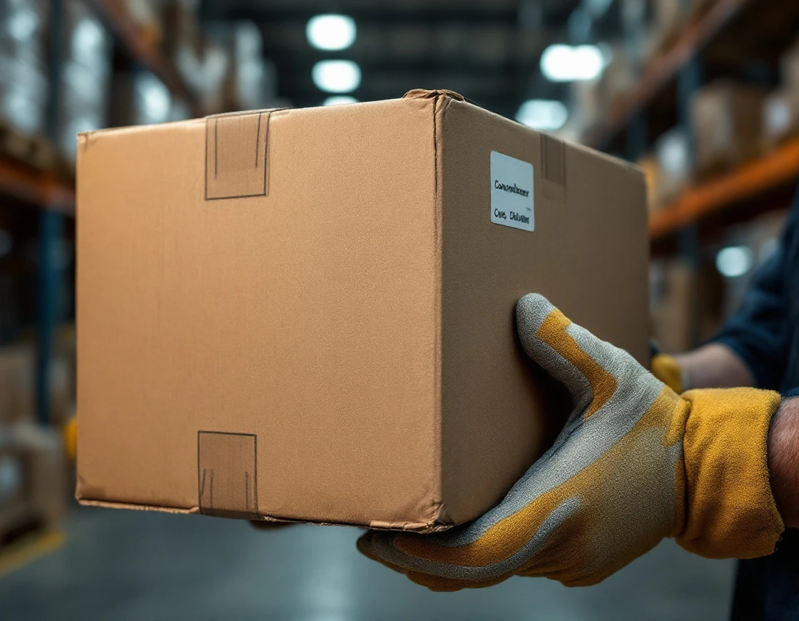 Warehouse worker's gloved hands gripping large cardboard freight box during receiving inspection