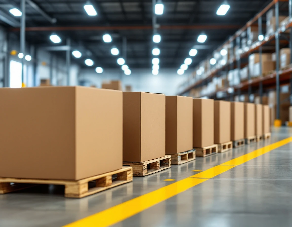 Cardboard boxes on wooden pallets in warehouse with yellow floor markings showing freight consolidation