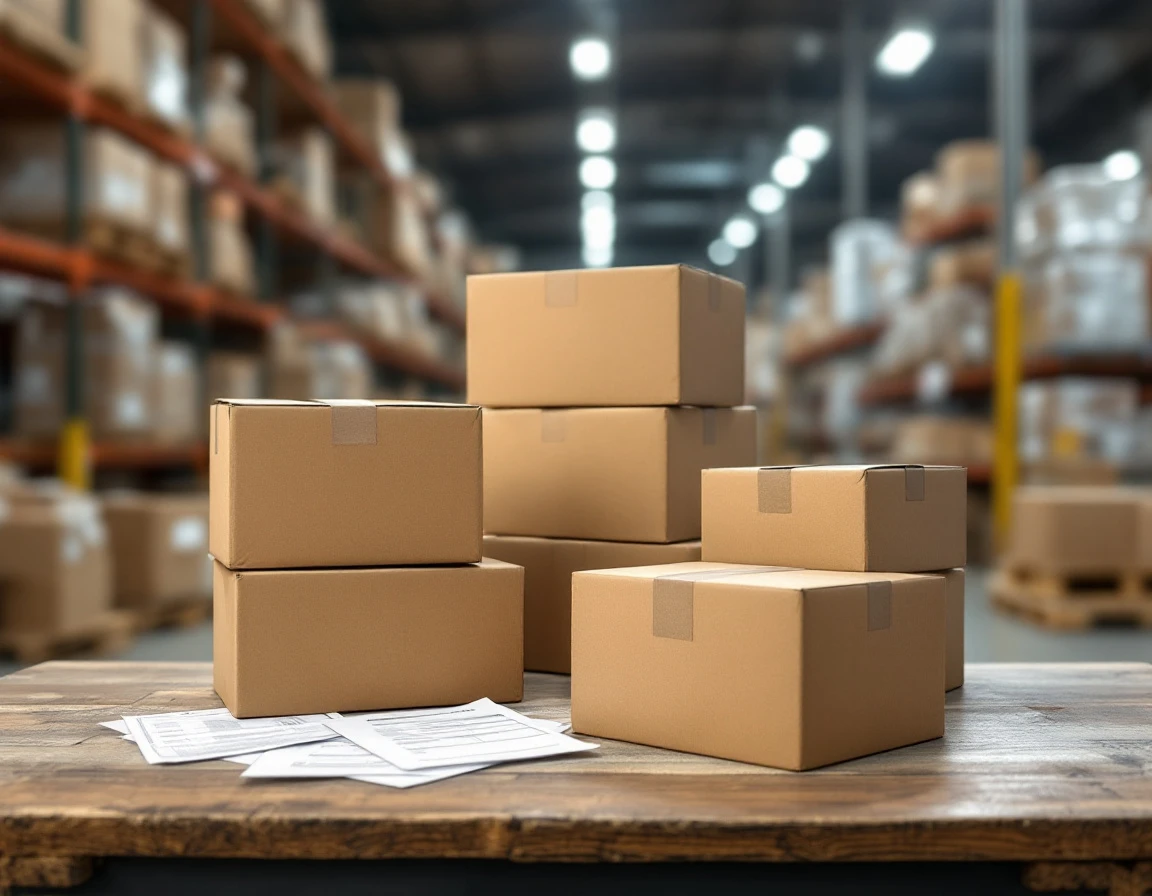 Cardboard shipping boxes and invoice paperwork on warehouse table illustrating freight consolidation