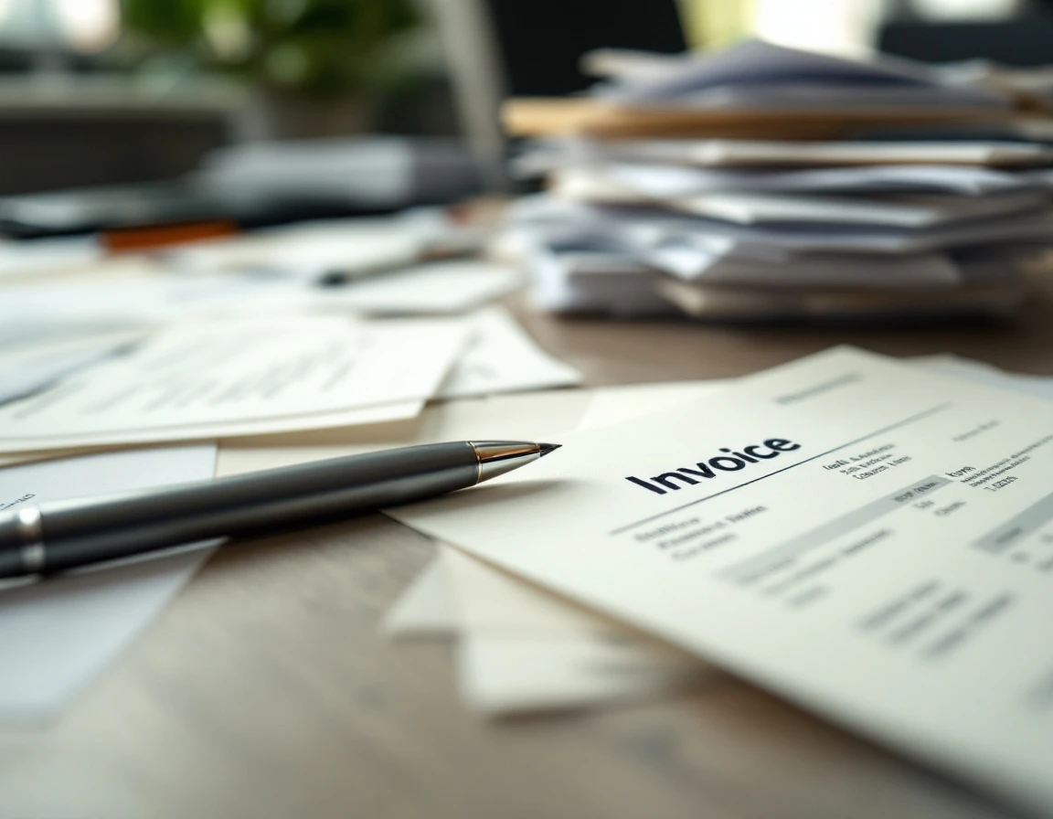 Blurred shipping invoices and business documents on office desk with pen, all text deliberately obscured