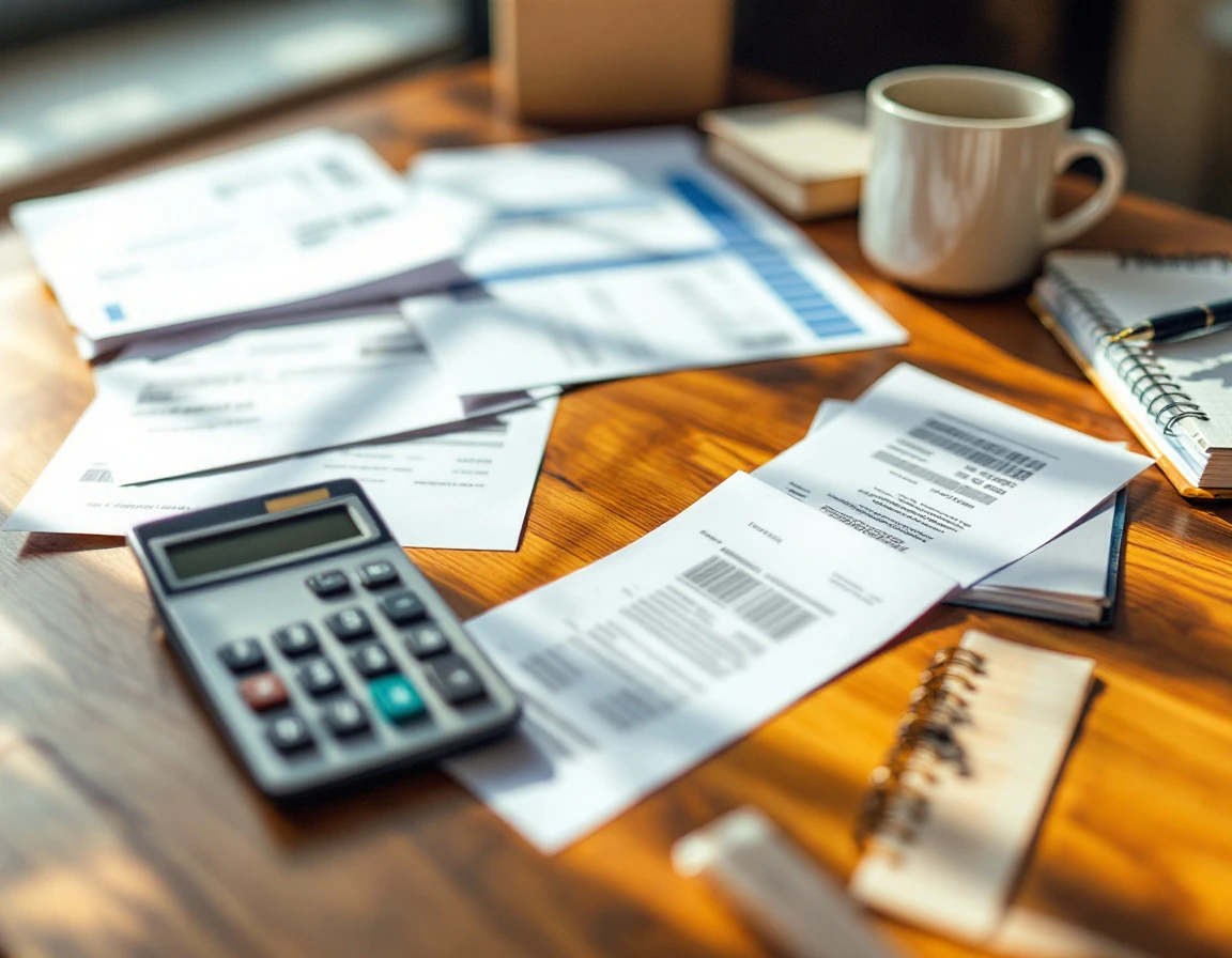Desk with blurred shipping invoices, calculator, and coffee during surcharge audit review
