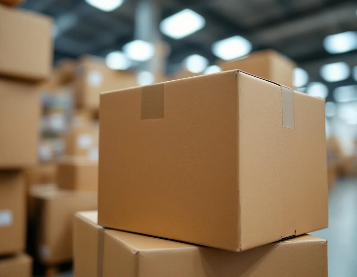 Stacked cardboard boxes in warehouse during peak shipping season with shallow depth of field