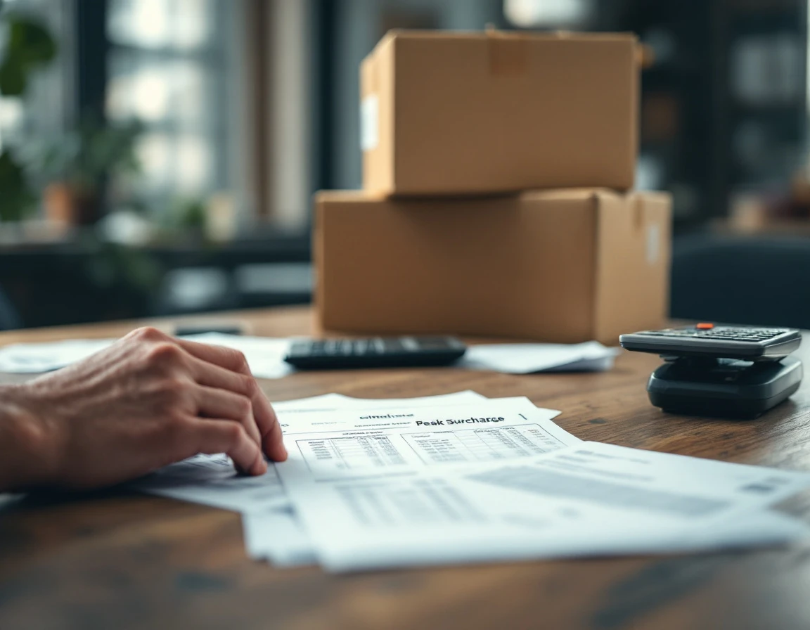 Shipping manager's desk with peak surcharge documents, calculator, and cardboard boxes