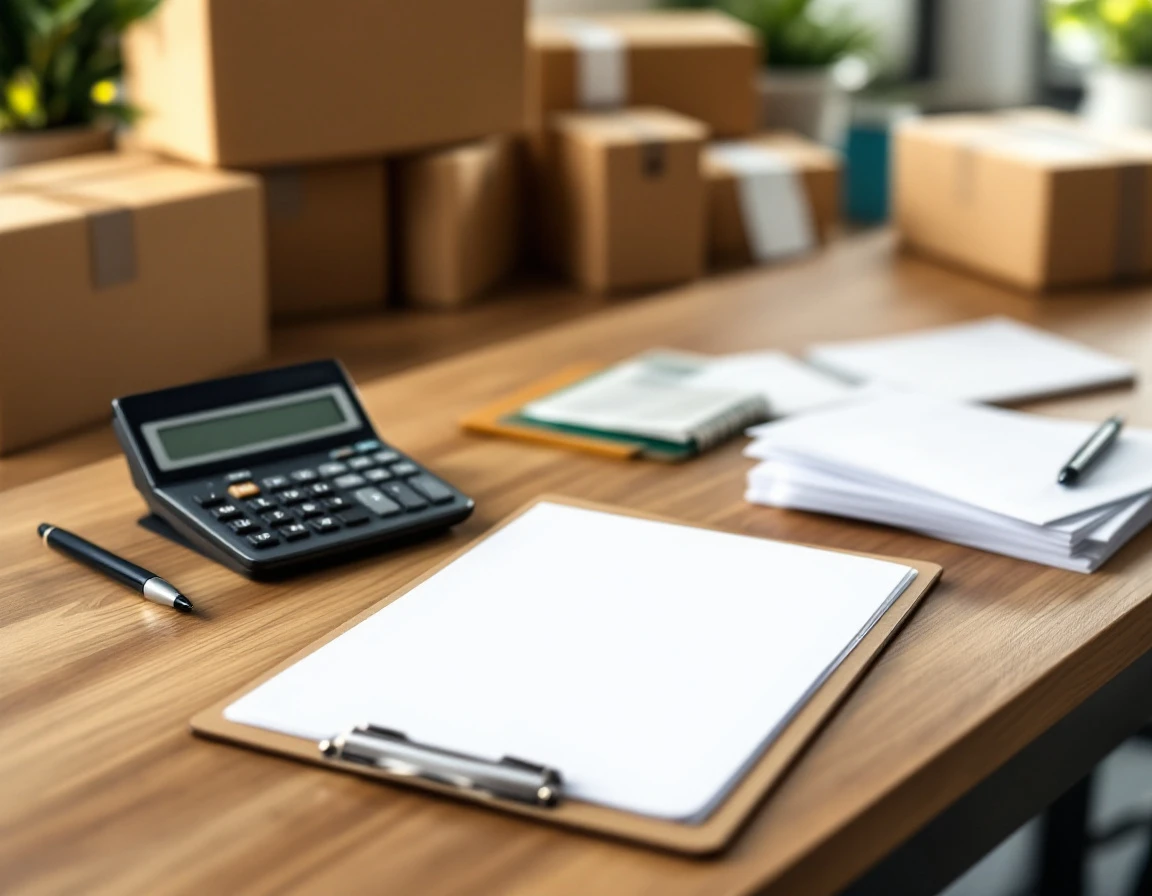 Organized desk with calculator, clipboard, and shipping boxes ready for pre-peak invoice audit preparation