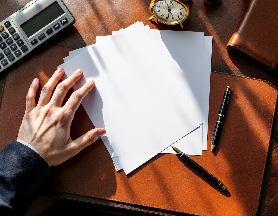 Blank papers on leather desk pad with calculator and pen in natural office lighting