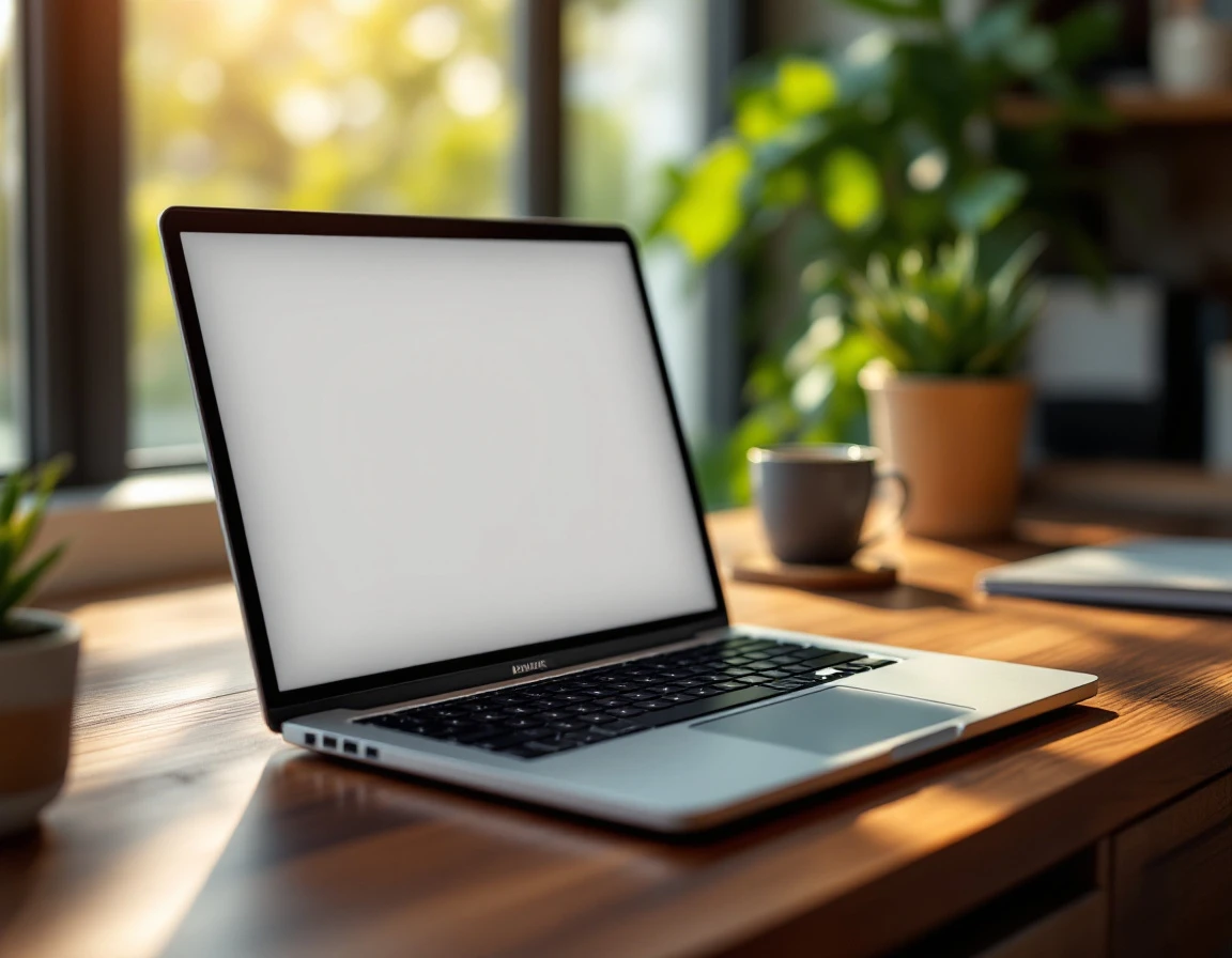 Laptop on wooden desk in morning light with blurred screen showing workspace ready for peak season preparation