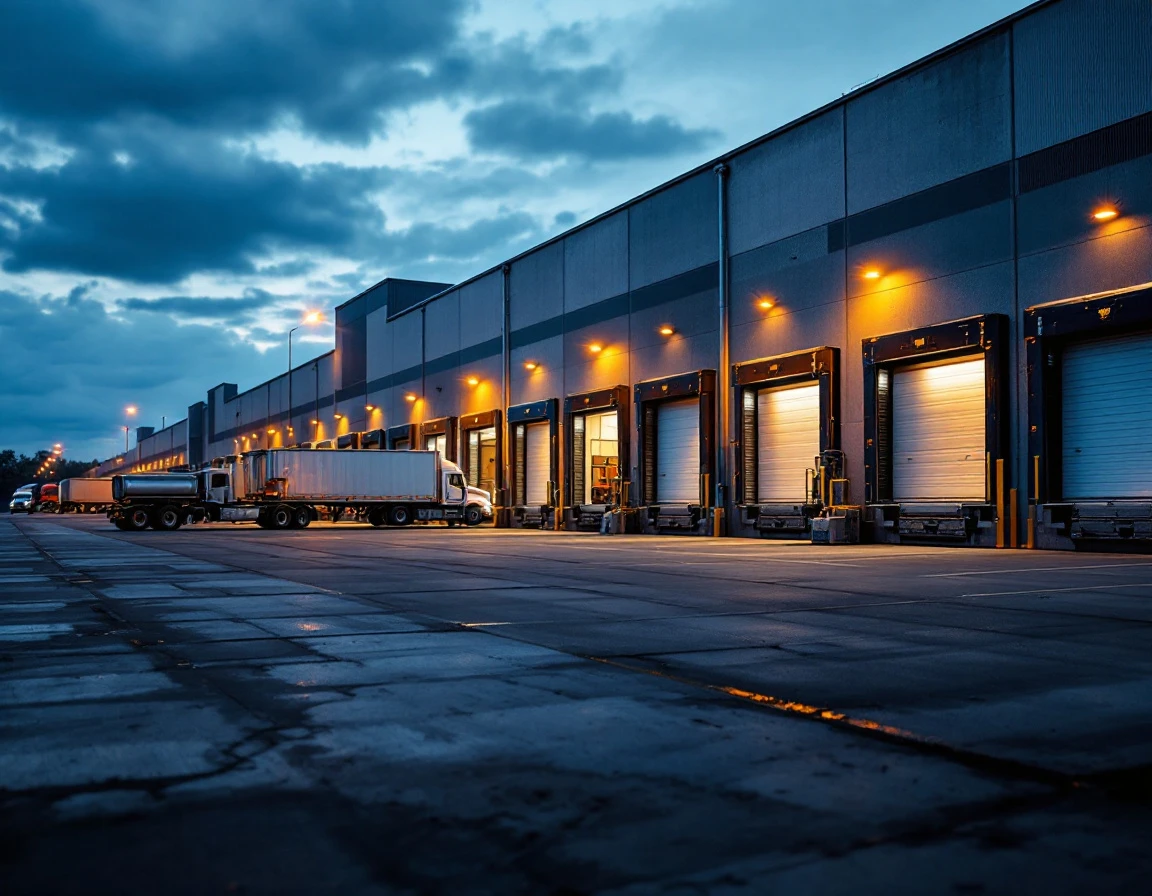 Regional distribution warehouse with multiple dock doors and semi-trucks during evening operations