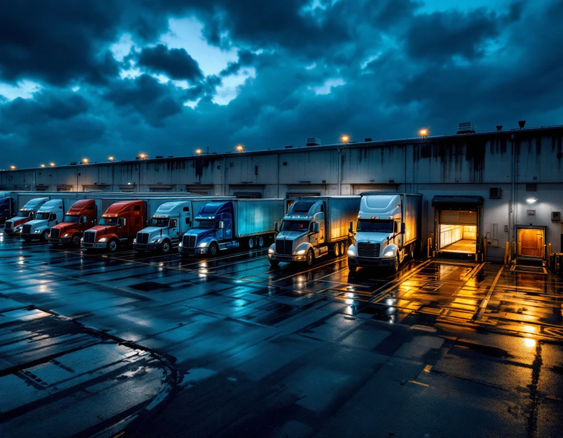 Twilight view of multi-dock LTL freight warehouse with trucks at various loading bays during evening operations
