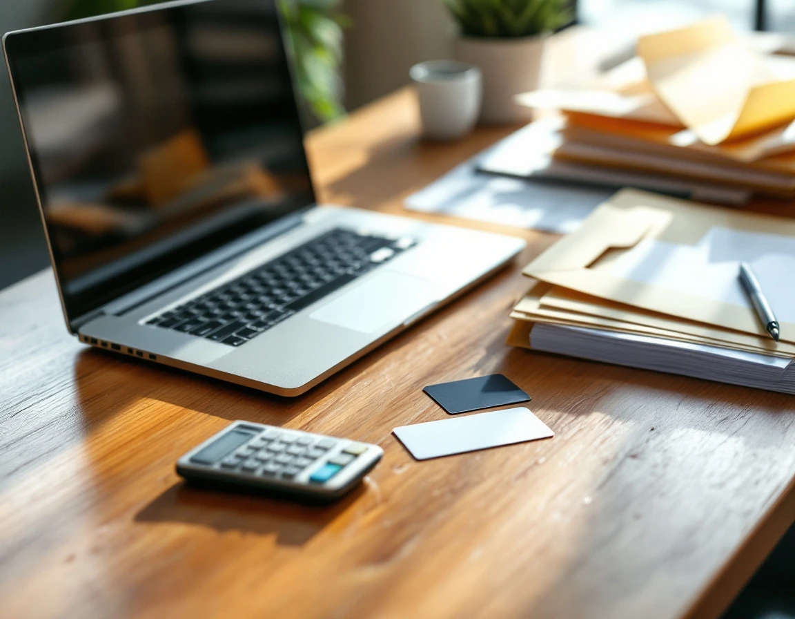Organized desk workspace with calculator, folders, and billing materials for processing shipping refund claims