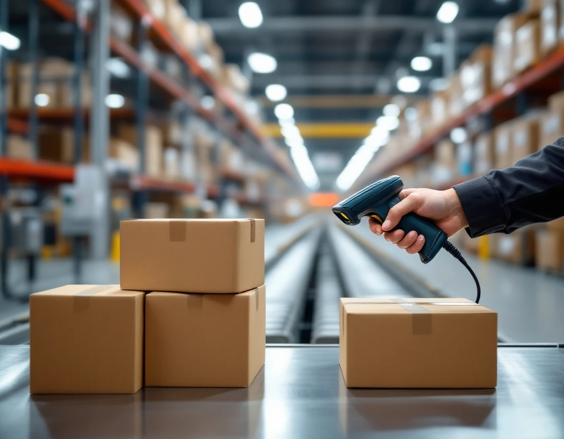 Warehouse worker scanning cardboard packages with barcode scanner at fulfillment center workstation