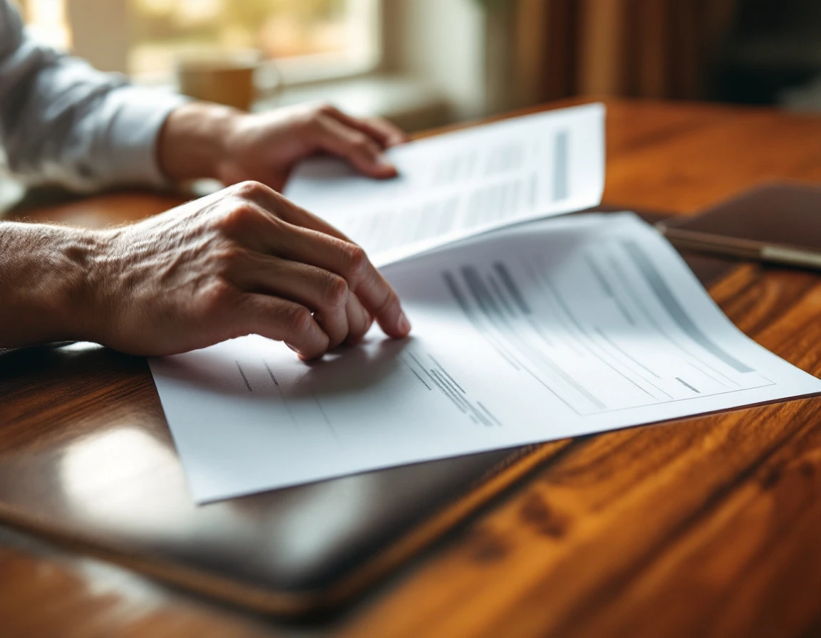 Professional hands reviewing billing documents on wooden desk with natural lighting