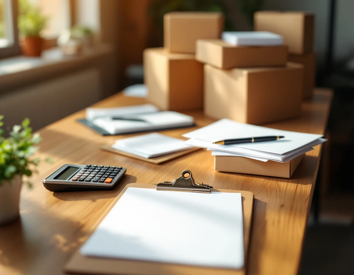 Shipping workspace with calculator, clipboard, and postal supplies for invoice auditing