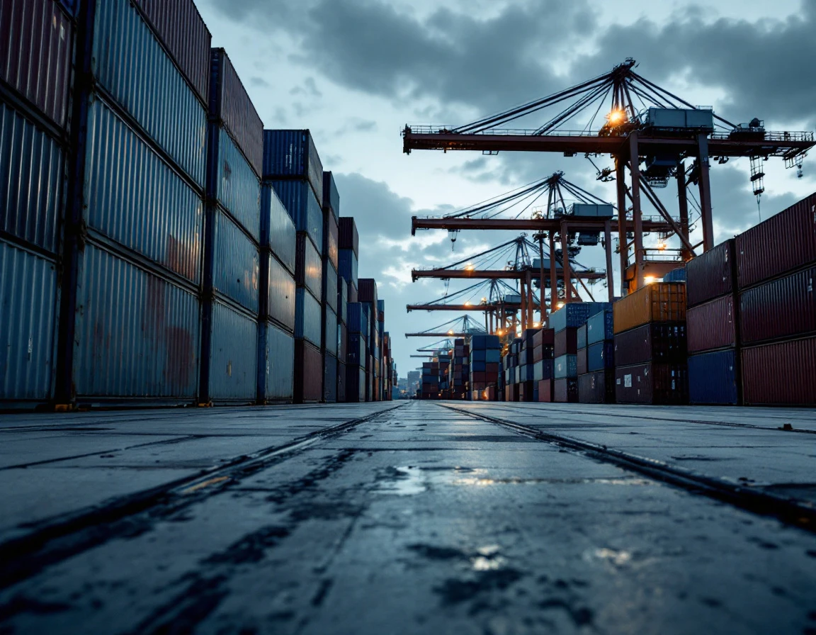 Container terminal during peak season showing stacked freight containers and overhead crane equipment