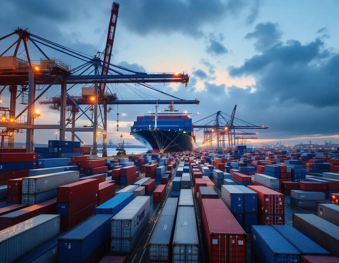 Shipping containers stacked at commercial port dock during peak season operations at twilight