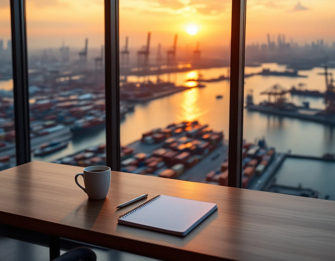 Modern office workspace overlooking busy commercial shipping port with container cranes at golden hour