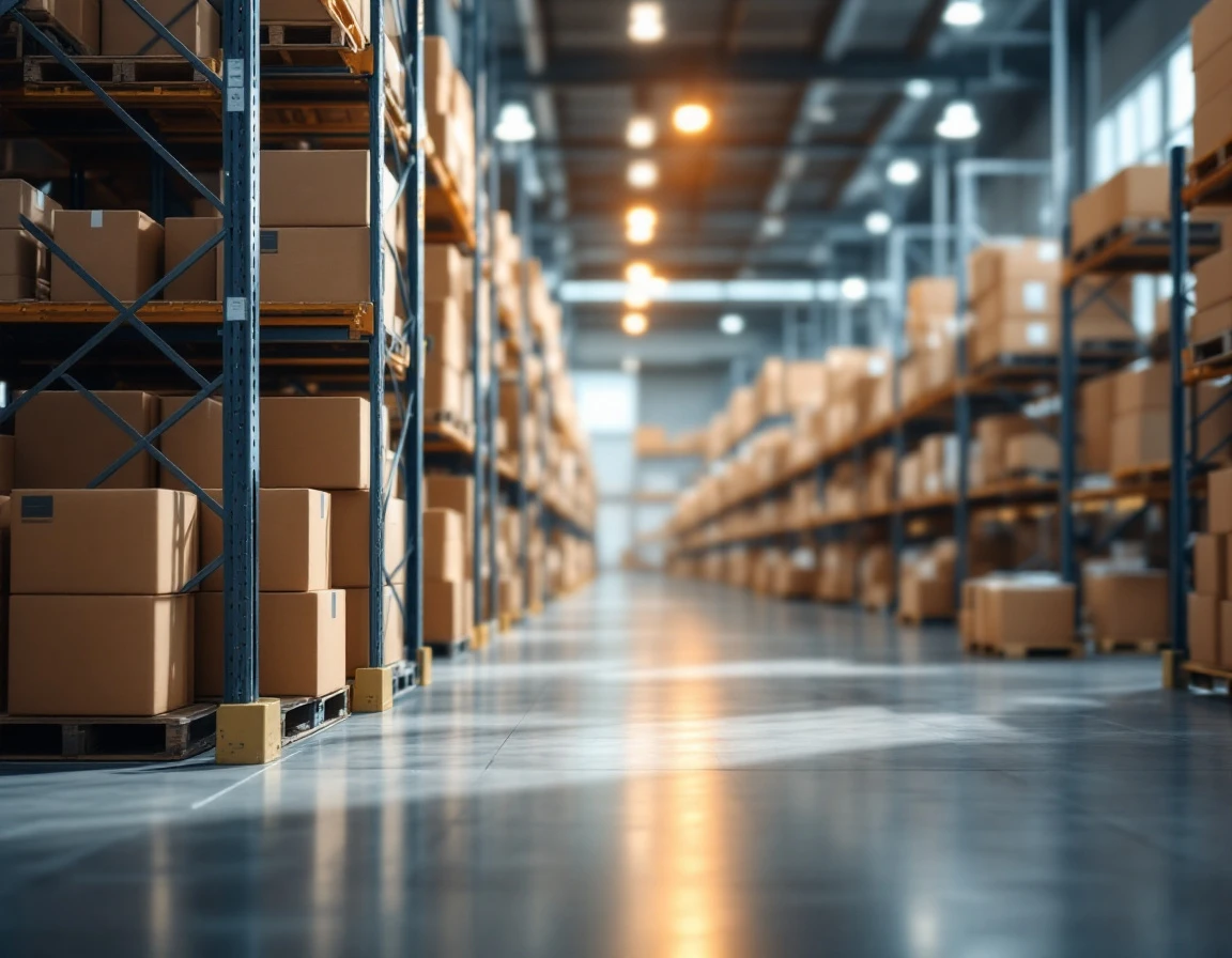 Stacked parcels on warehouse shelving in commercial shipping facility