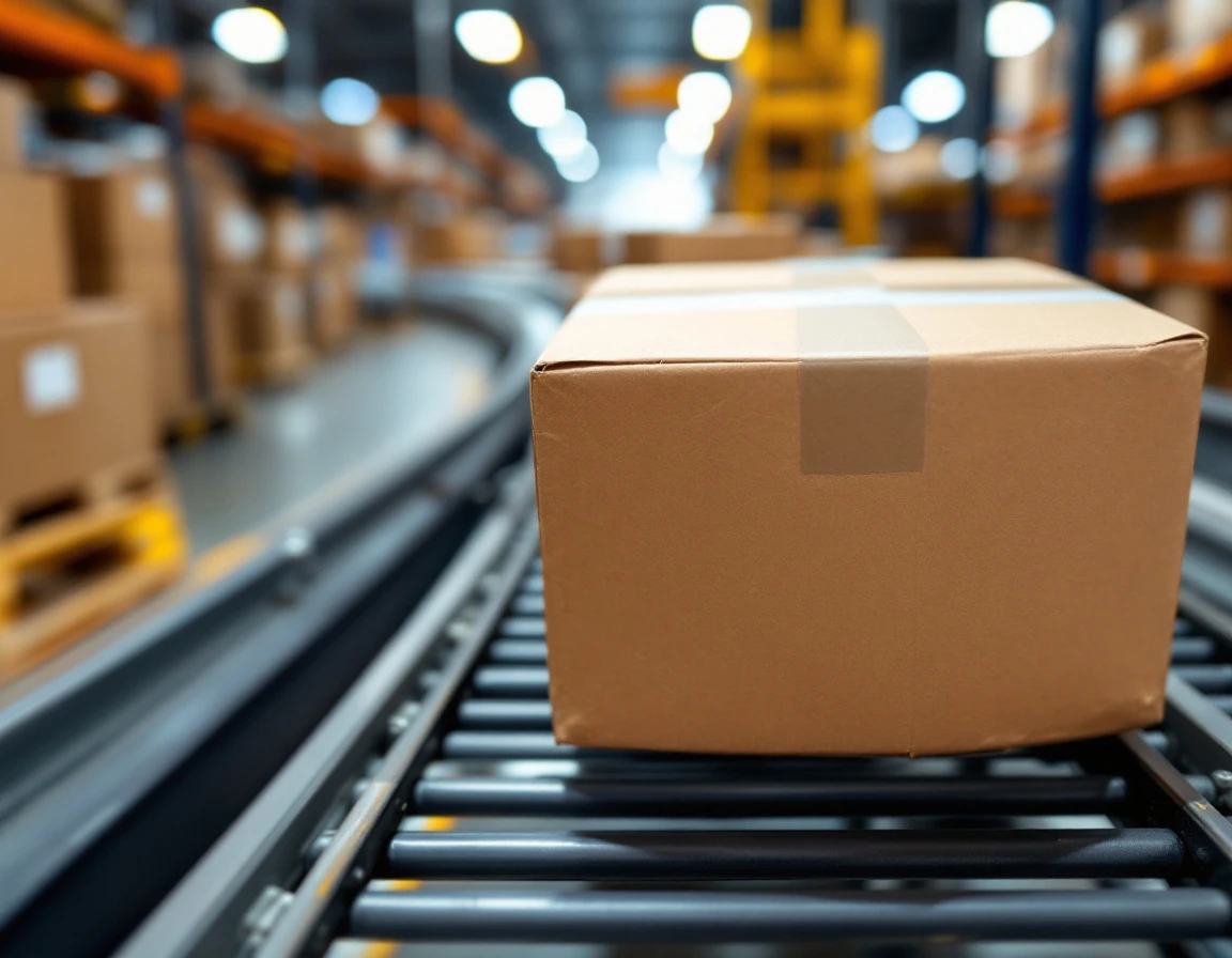Cardboard parcels moving through warehouse conveyor system showing volume shipping operations