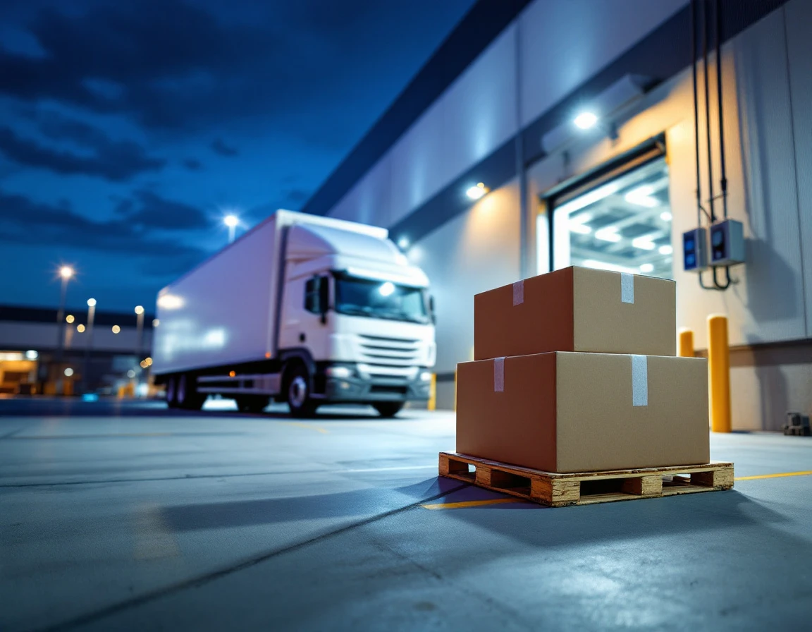 Cardboard packages stacked on warehouse loading dock with delivery truck at twilight