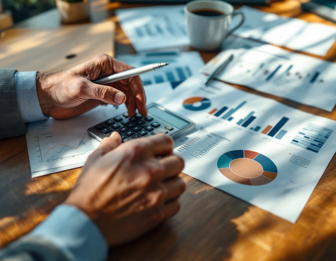 Hands working with calculator and pen reviewing blurred financial documents on office desk
