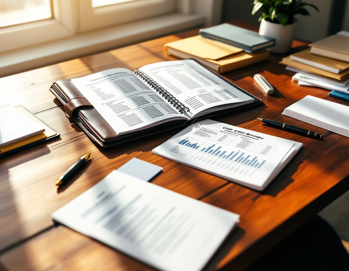 Professional desk with financial documents, spreadsheets, and office supplies arranged for mid-year cost recovery review