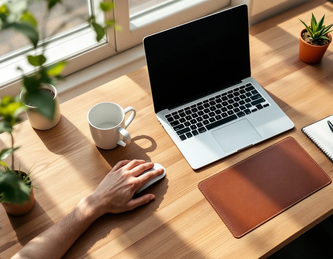 Organized wooden desk workspace with closed laptop and office essentials in natural lighting
