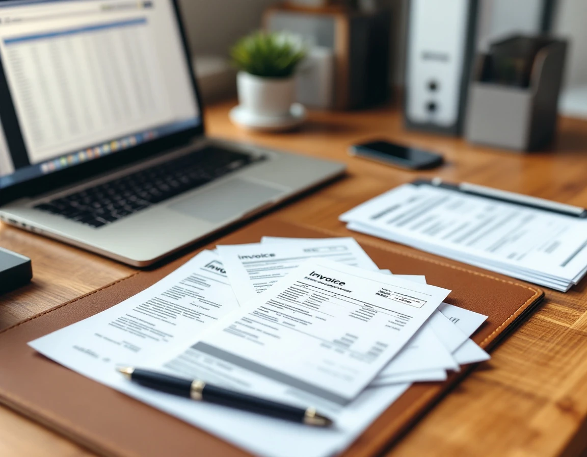 Office desk workspace with laptop, business documents, and office supplies arranged for refund tracking workflow