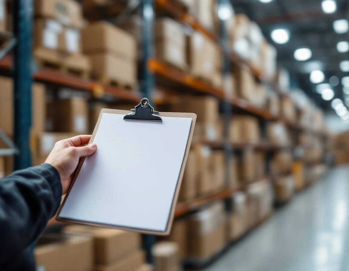 Quality control inspector holding clipboard over stacked cardboard boxes in warehouse fulfillment center