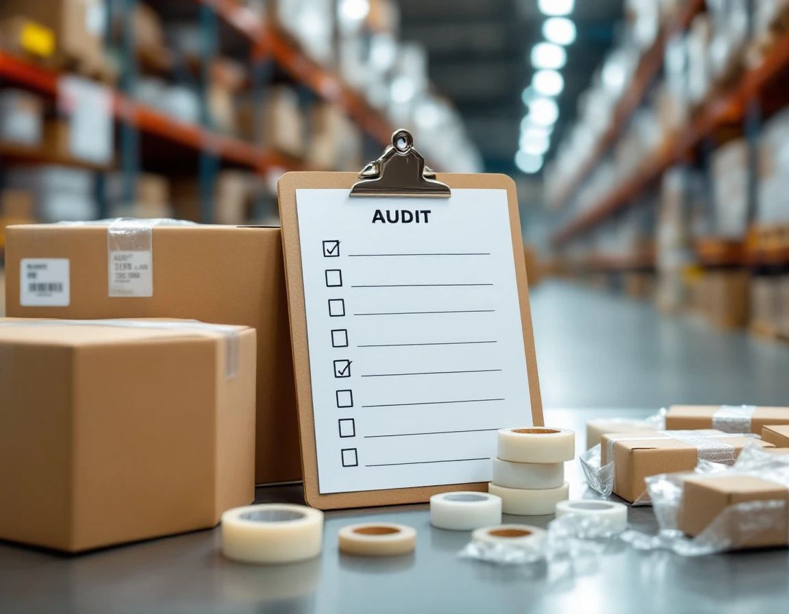 Audit checklist on clipboard surrounded by cardboard boxes and packing materials in warehouse