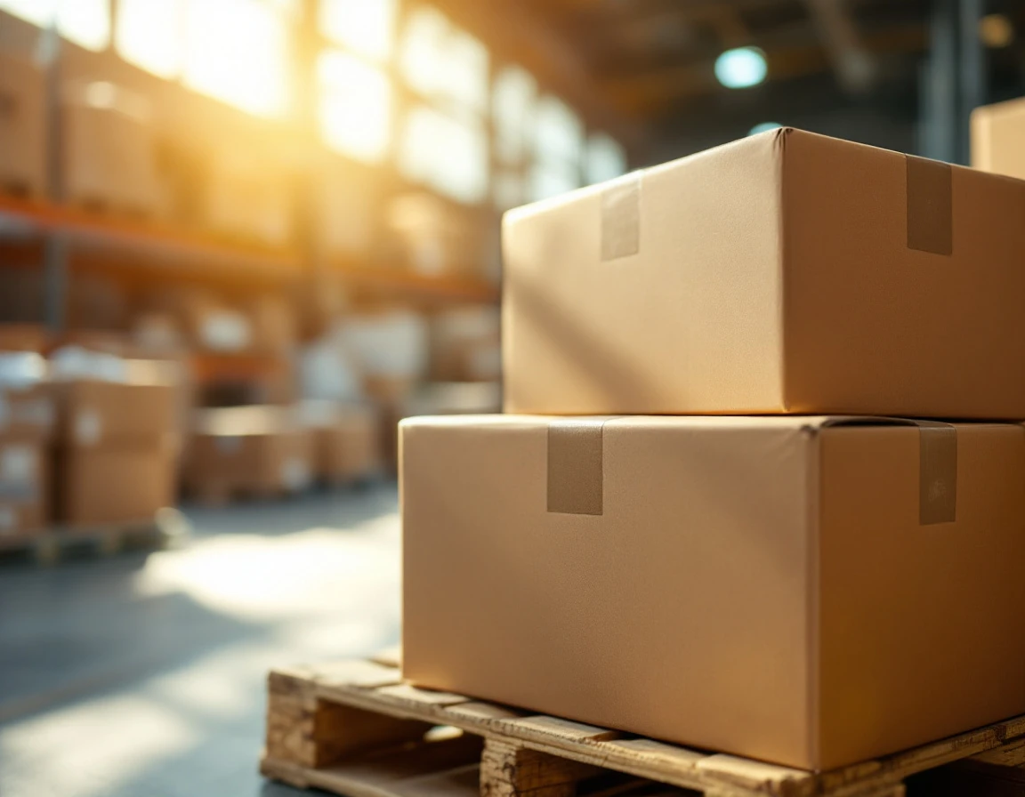 Stacked shipping boxes on warehouse pallet during high-volume back-to-school season