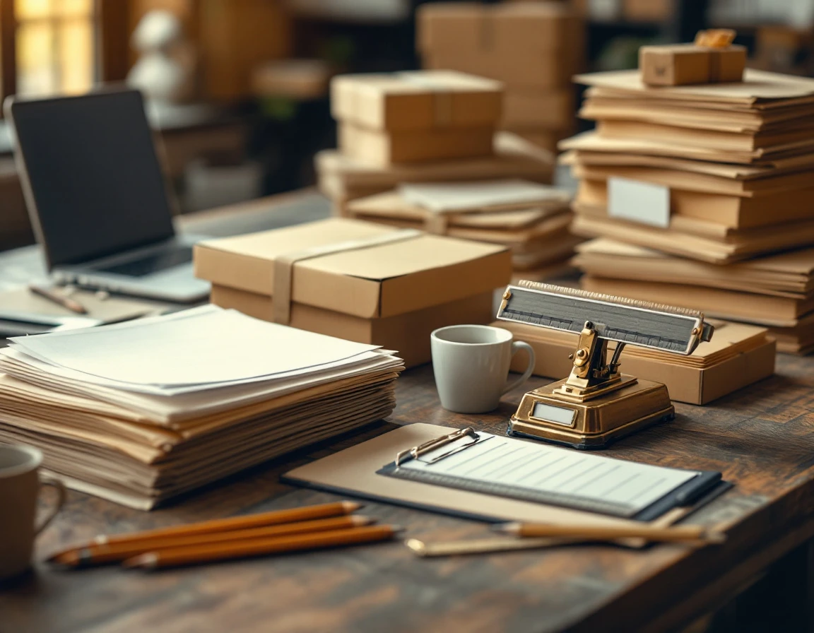 Organized desk with audit documentation, postal scale, and shipping materials for parcel verification