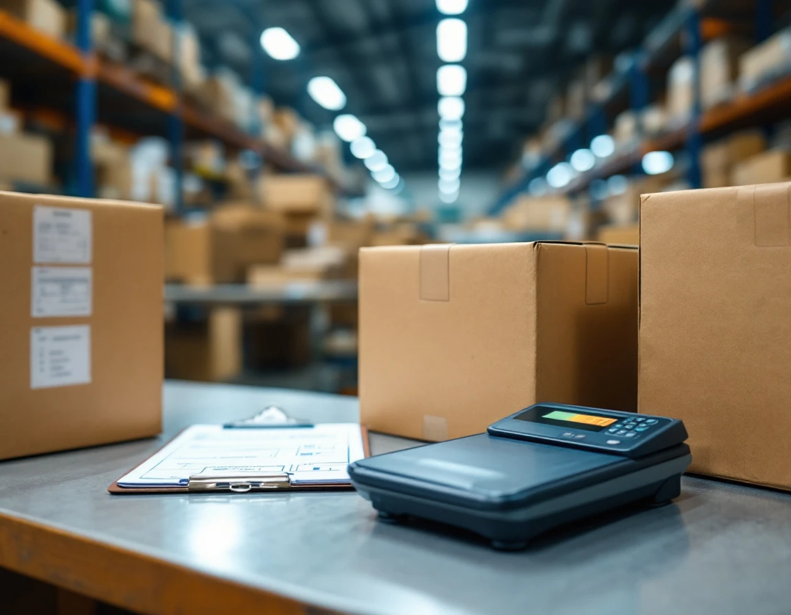 Digital scale and cardboard boxes on inspection table during parcel audit workflow in warehouse setting