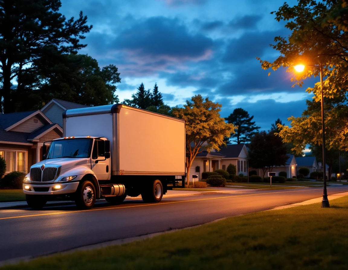 Delivery truck on suburban residential street at dusk during peak holiday shipping season