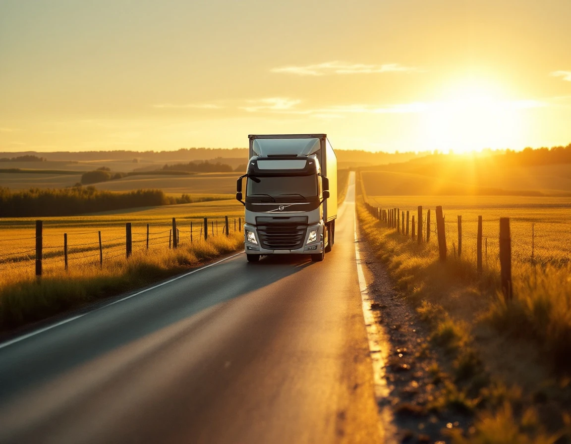 Delivery truck traveling on remote country road through rural farmland during late afternoon