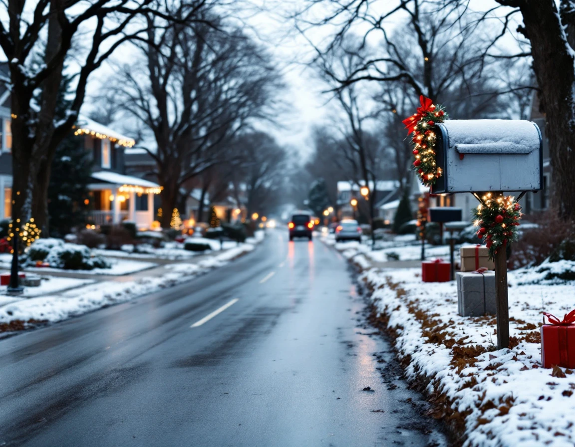Suburban residential street with houses at varying distances showing holiday season delivery route challenges