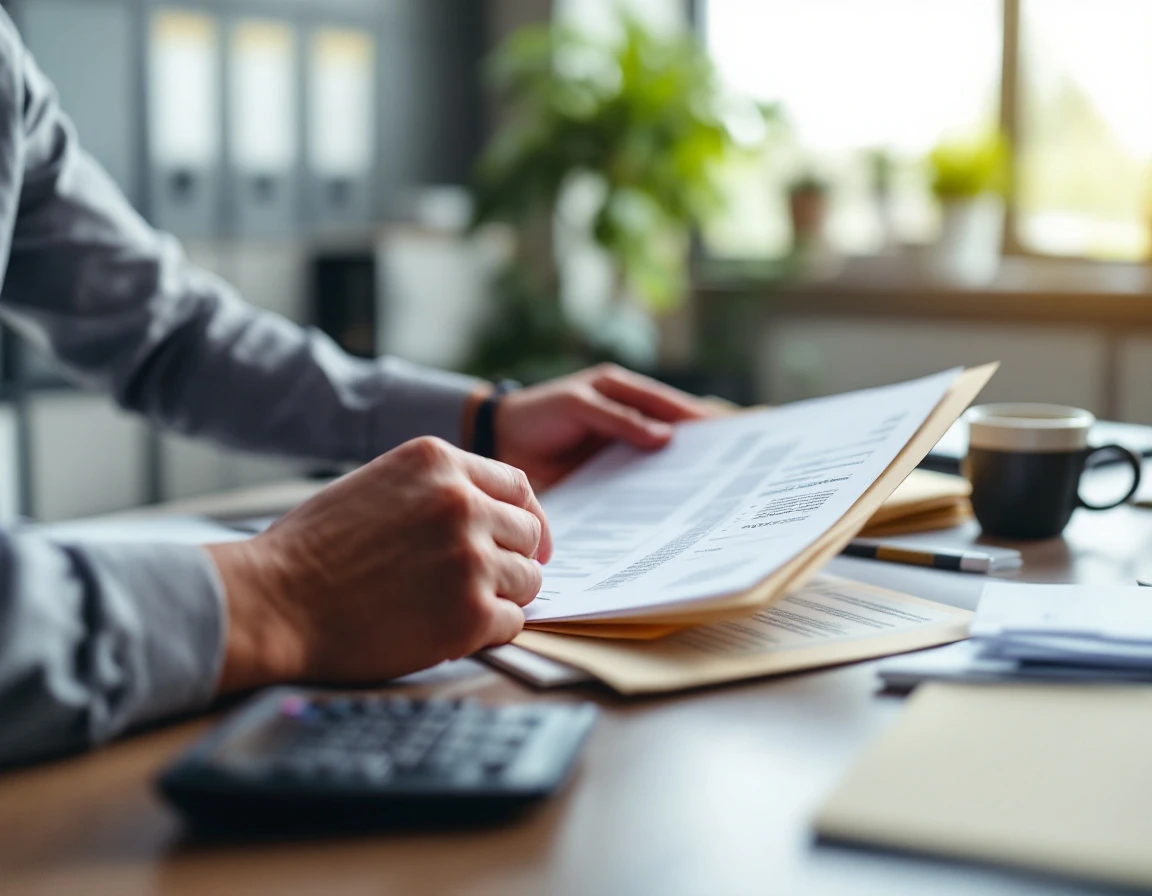 Professional analyst reviewing blurred fuel surcharge audit paperwork at accounting office desk