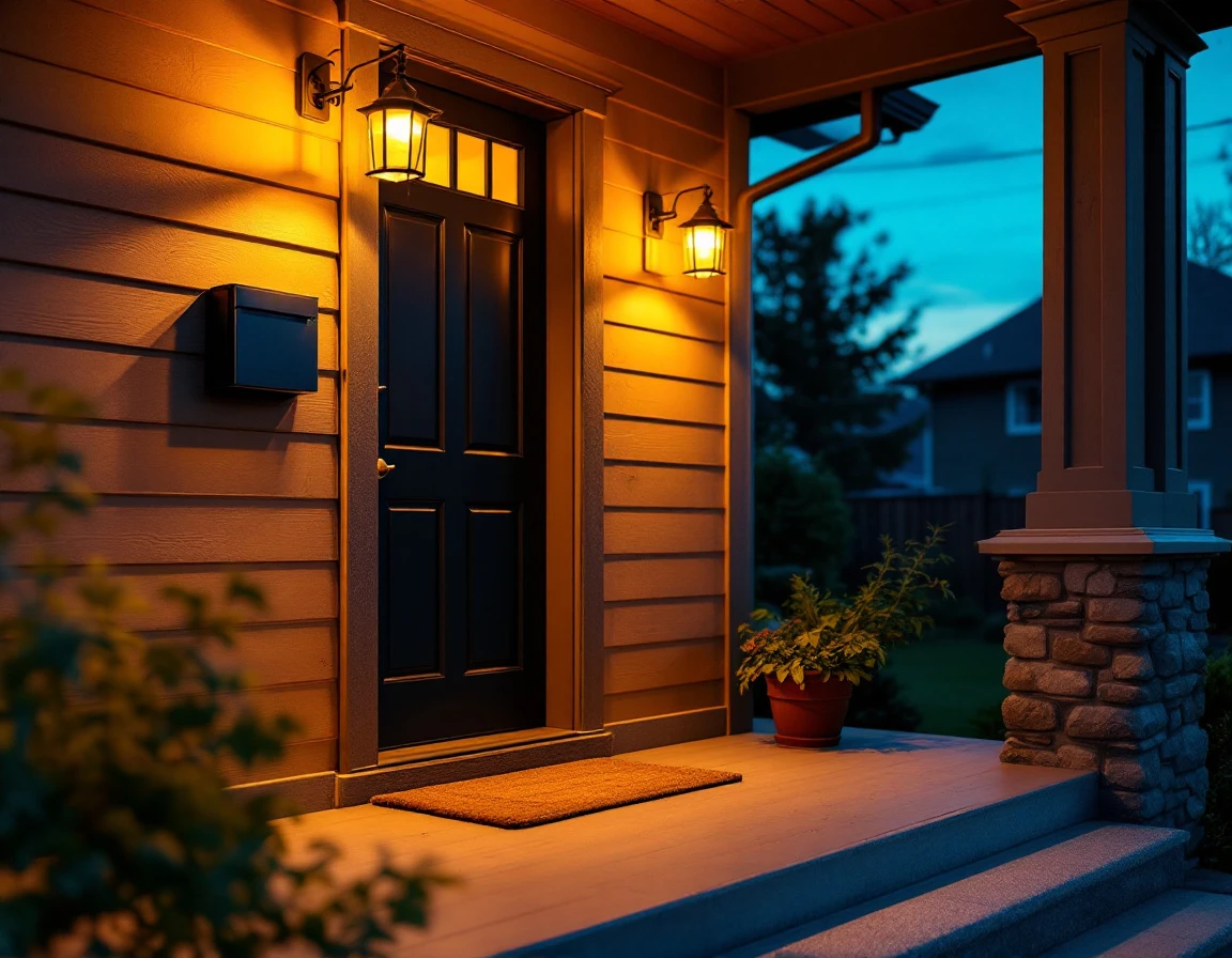 Residential front porch at dusk showing delivery access point with warm evening lighting and architectural details